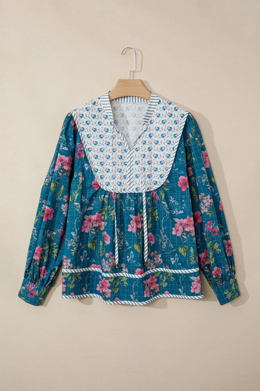 Floral Stripe Patchwork Long Puff Sleeve Blouse